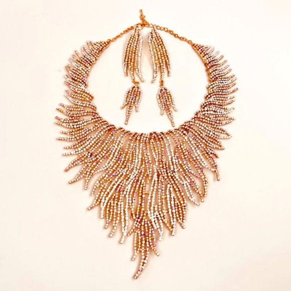 NWT CRYSTAL STATEMENT CHOKER NECKLACE & EARRINGS BRIDAL WOMEN JEWELRY SET - Picture 1 of 11